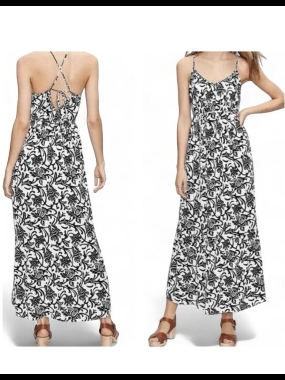 LOFT Black and White Floral Maxi Sun Dress - Crisscross Straps and Tie At Waist